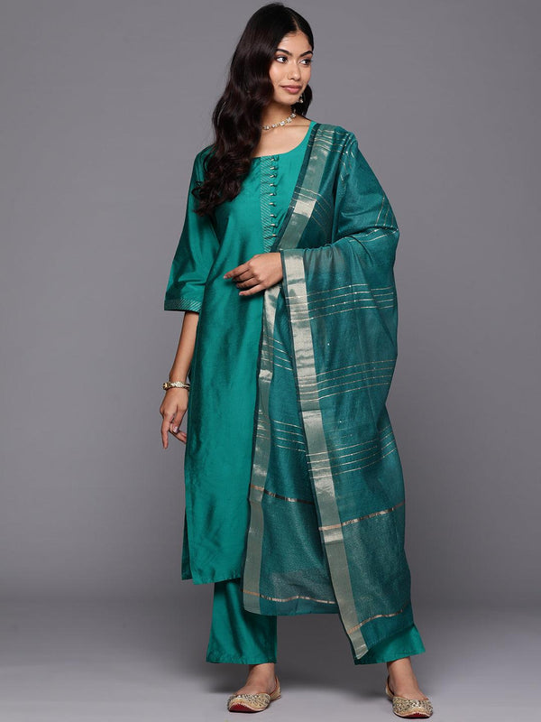 Rama Green Solid Silk Blend Straight Kurta With Trousers & Dupatta - Jashvi