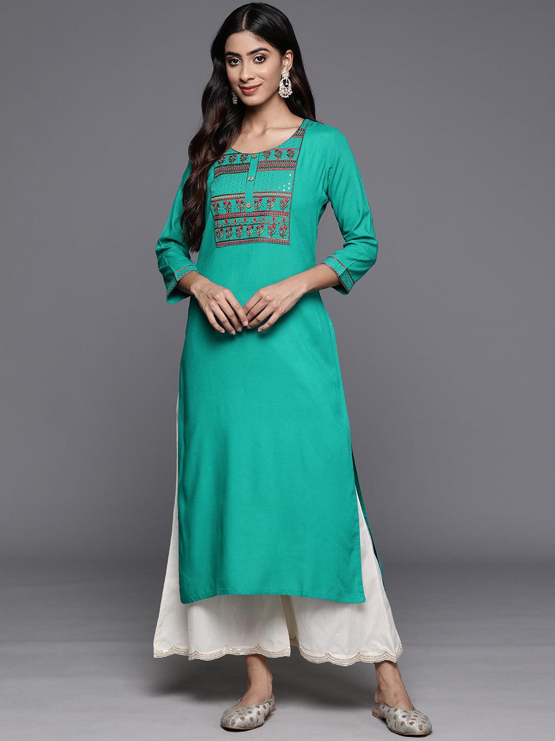 Rama Green Yoke Design Rayon Straight Kurta - Jashvi