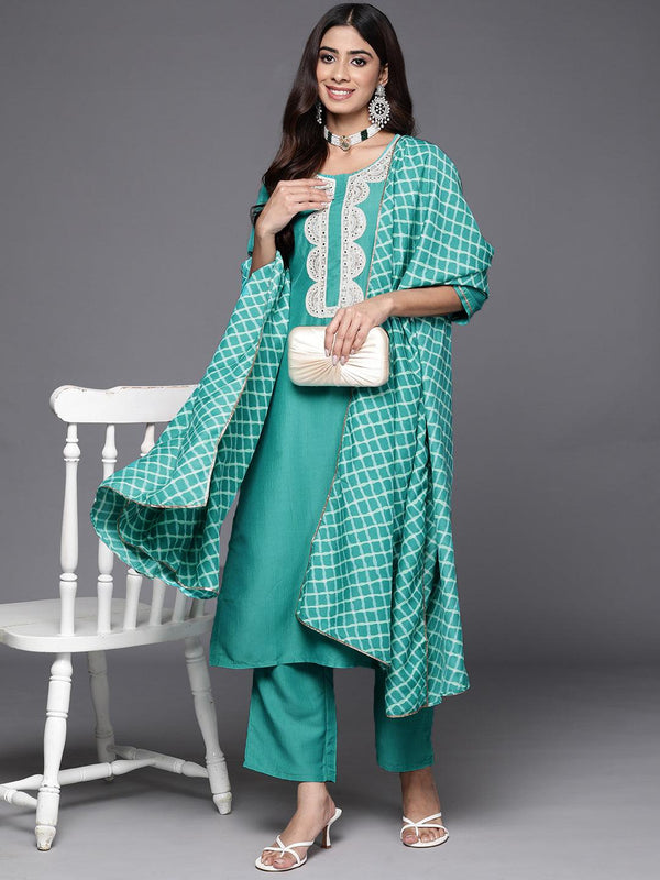 Rama Green Yoke Design Silk Blend Straight Kurta With Trousers & Dupatta - Jashvi