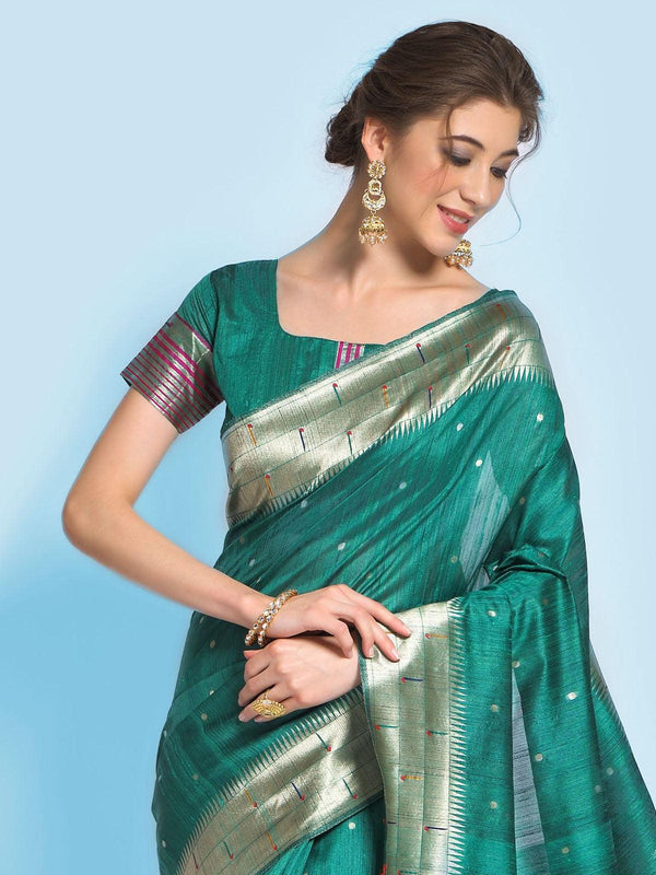 Women's Rama Tussar Silk Paithani Saree - Odette