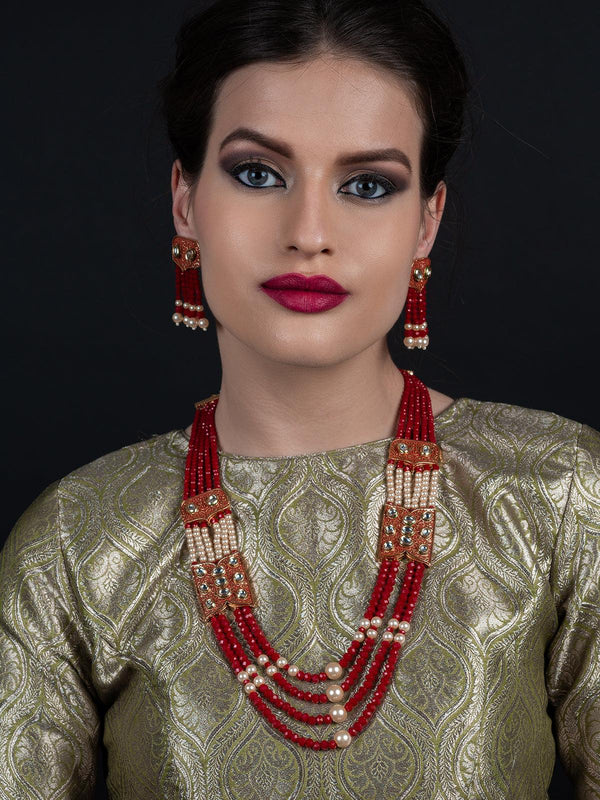 Women's Red And Typical Pearl Necklace With Earrings - Odette