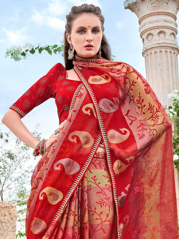 Women's Red Brasso Printed Saree - Odette