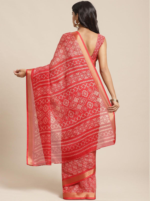 Women's Red Casual Silk Blend Printed Saree With Unstitched Blouse - Odette