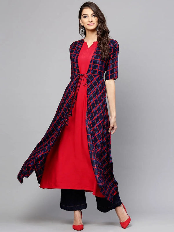 Red Checkered Rayon Kurta With Jacket - Jashvi