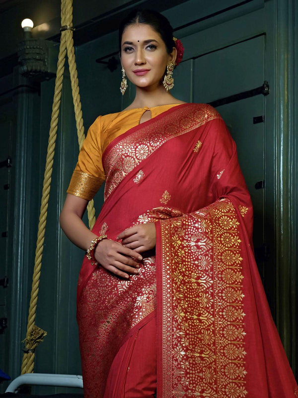 Women's Red Color Art Silk Saree With Art Silk Blouse - Odette