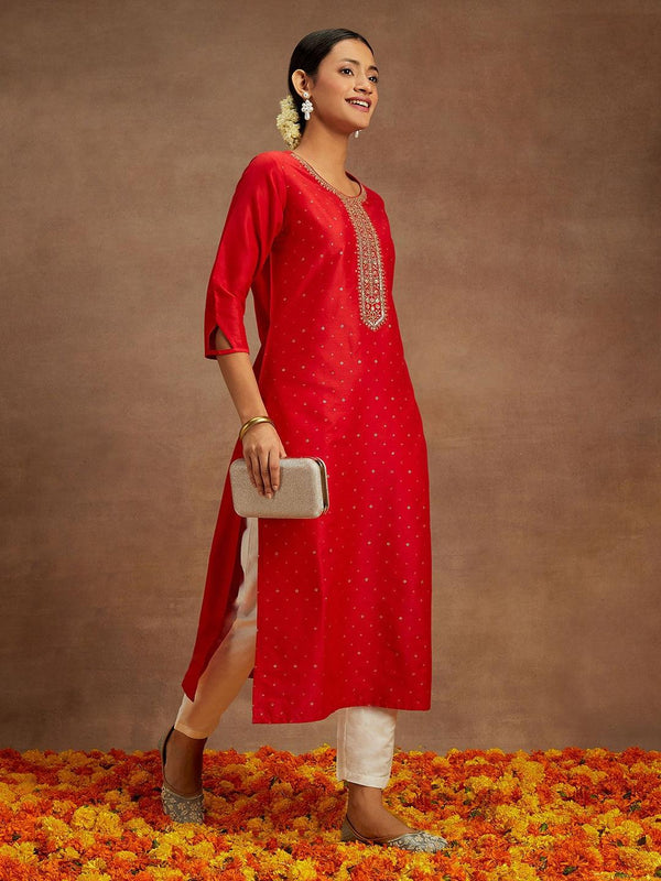 Red Embellished Silk Straight Kurta - Jashvi