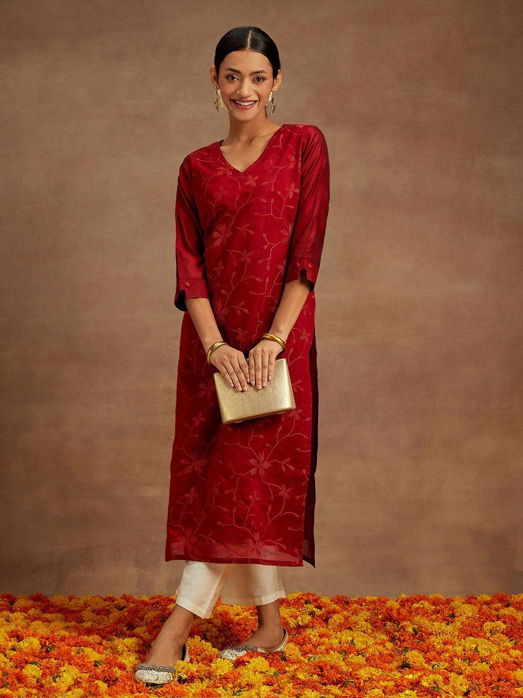 Red Embroidered Chanderi Silk Straight Kurta - Jashvi