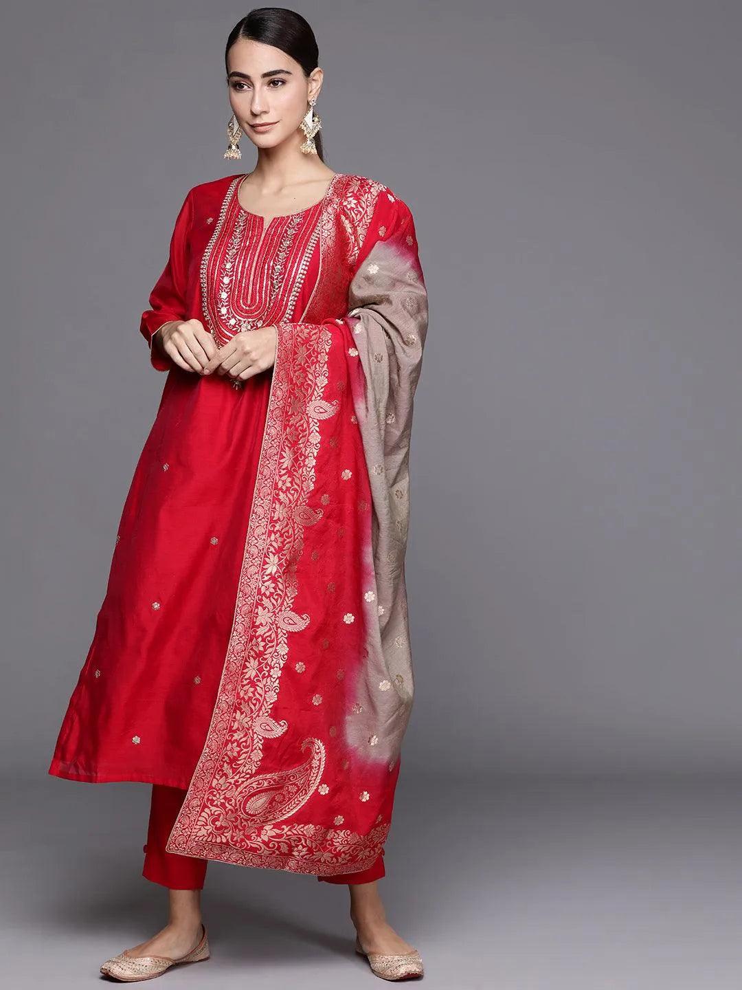 Red Embroidered Chanderi Silk Suit Set - Jashvi