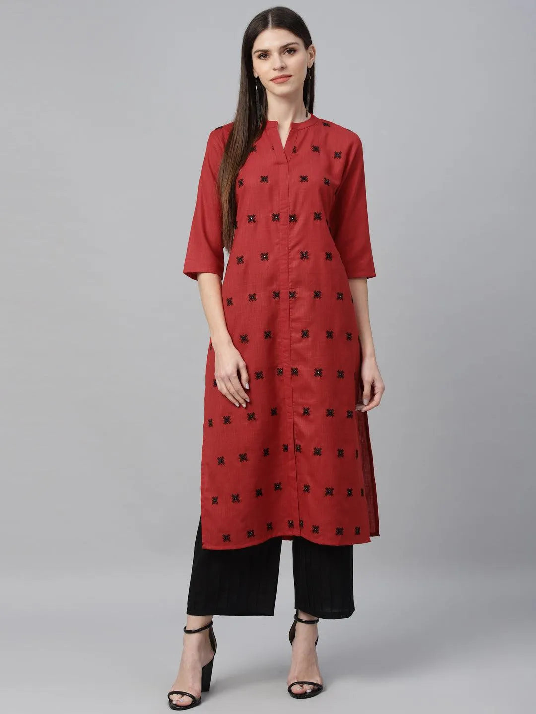 Red Embroidered Cotton Kurta - Jashvi