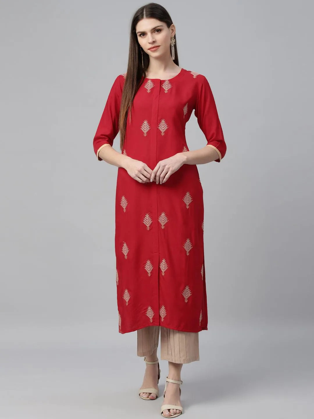 Red Embroidered Cotton Kurta - Jashvi