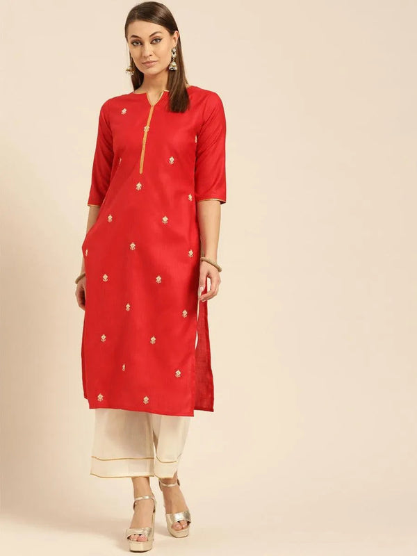 Red Embroidered Cotton Kurta Set - Jashvi