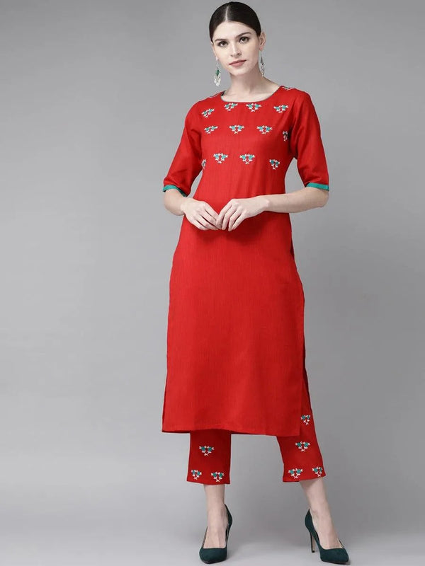 Red Embroidered Cotton Kurta Set - Jashvi