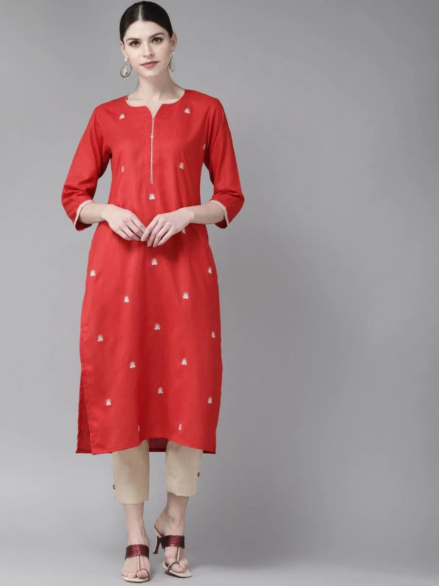 Red Embroidered Cotton Kurta Set - Jashvi