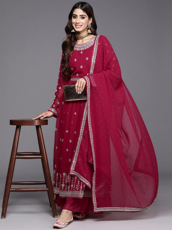 Red Embroidered Georgette A-Line Kurta With Palazzos & Dupatta - Jashvi