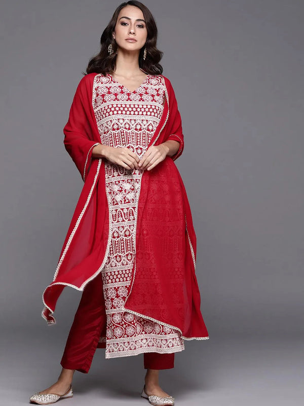 Red Embroidered Georgette Suit Set - Jashvi