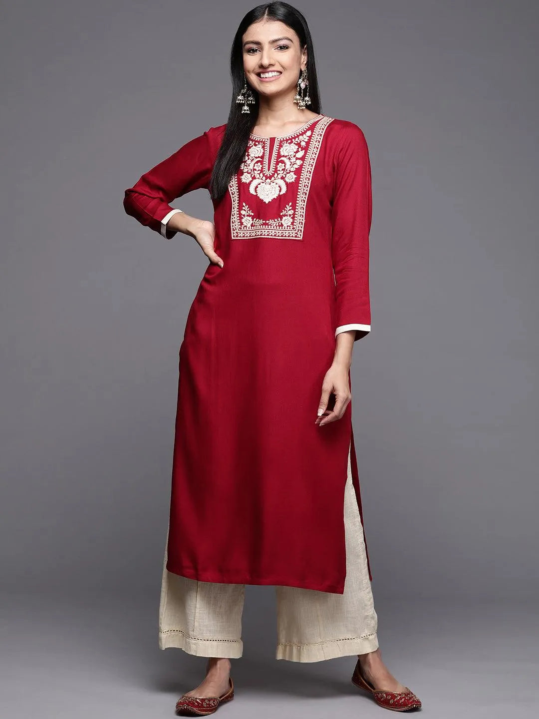 Red Embroidered Pashmina Wool Straight Kurta - Jashvi