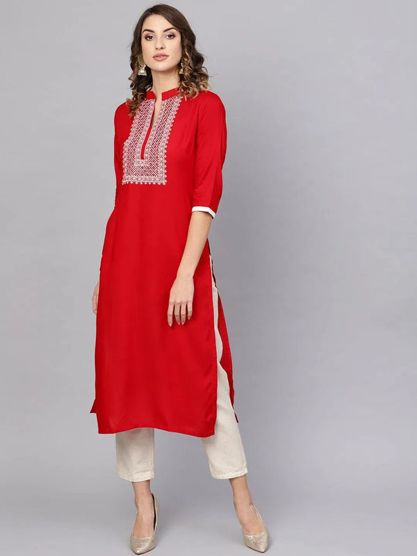 Red Embroidered Rayon Kurta - Jashvi