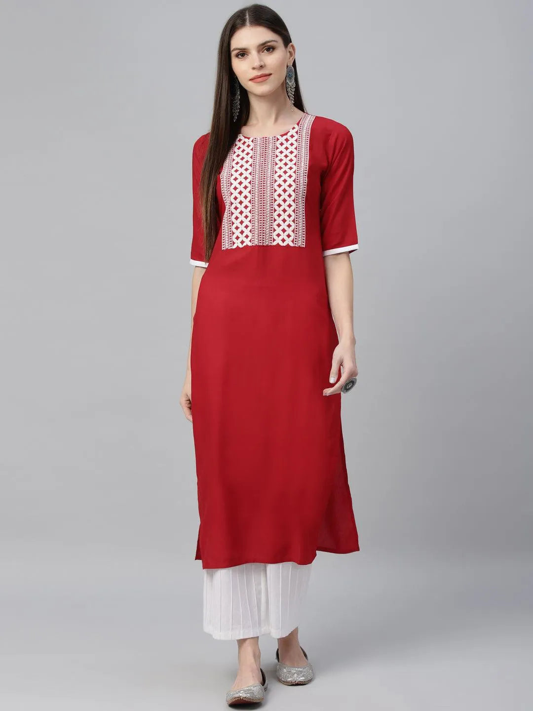 Red Embroidered Rayon Kurta - Jashvi