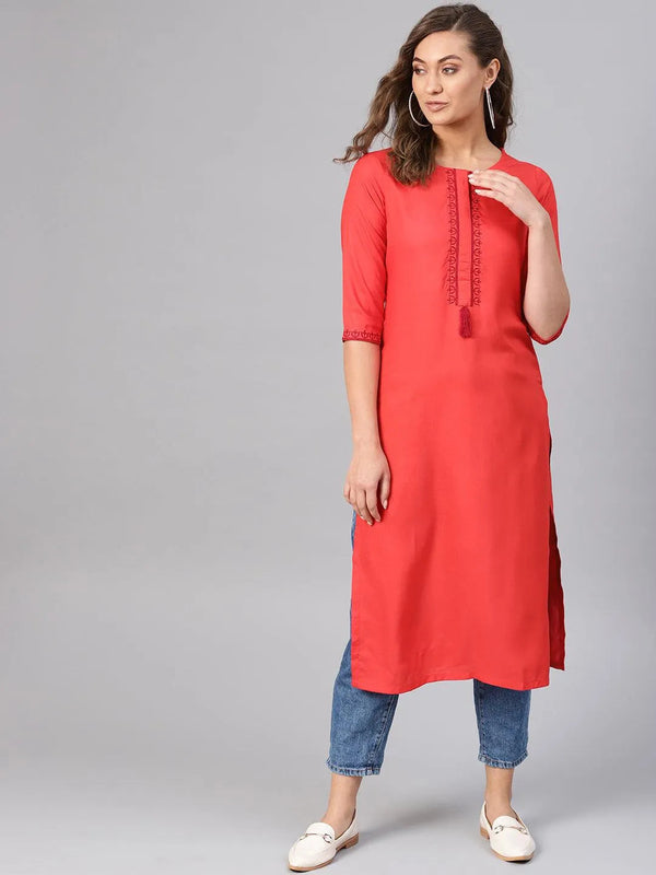 Red Embroidered Rayon Kurta - Jashvi