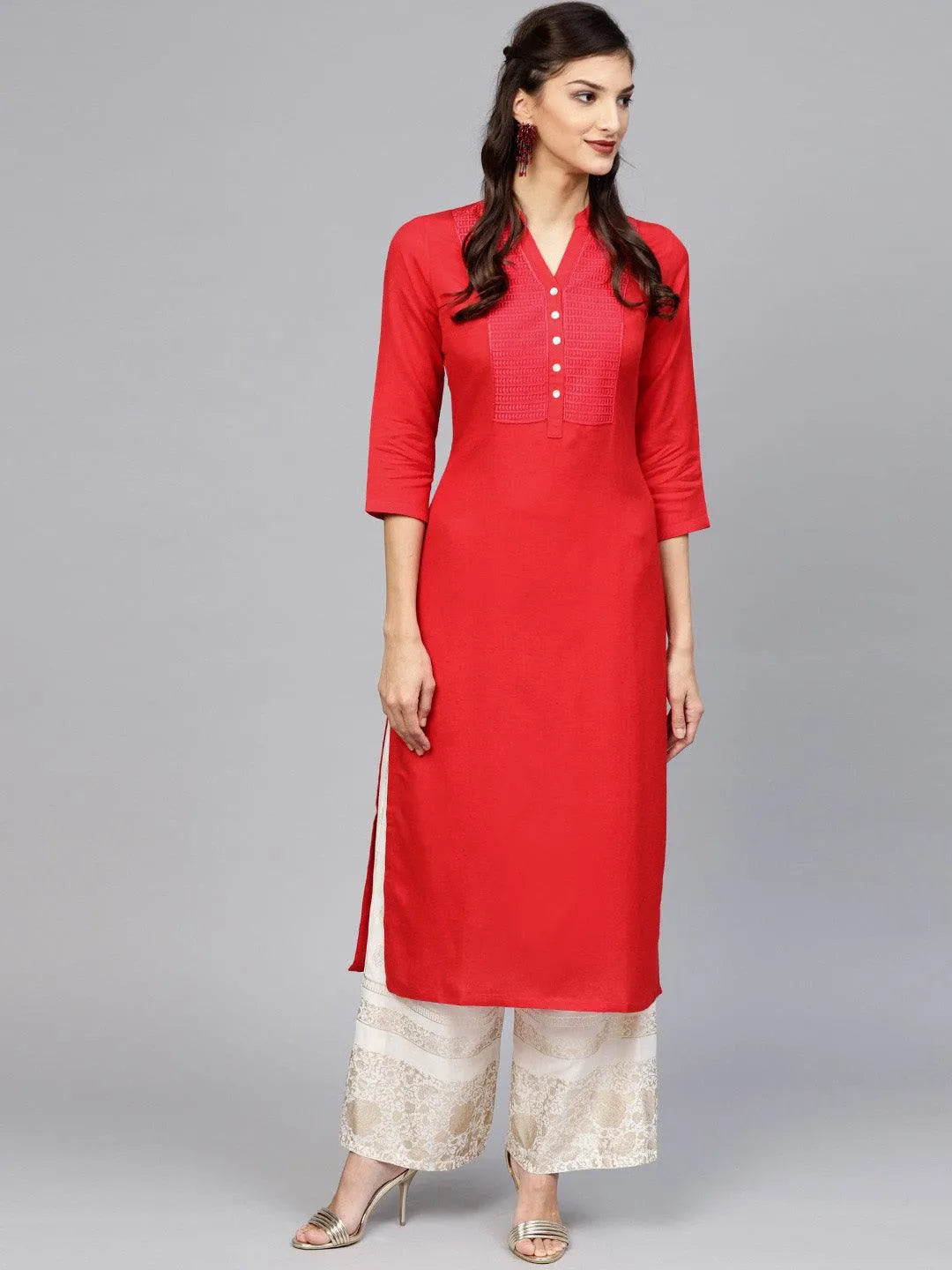 Red Embroidered Rayon Kurta - Jashvi