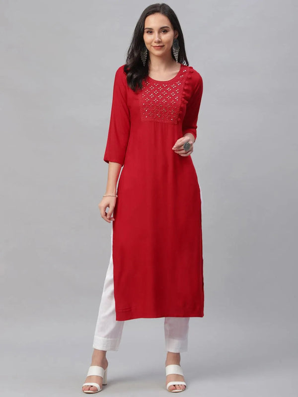 Red Embroidered Rayon Kurta - Jashvi