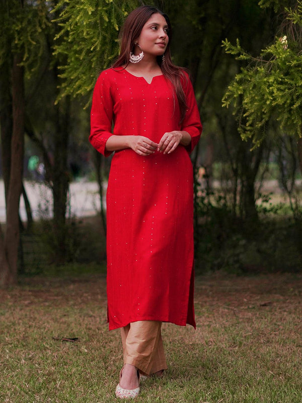 Red Embroidered Rayon Straight Kurta - Jashvi