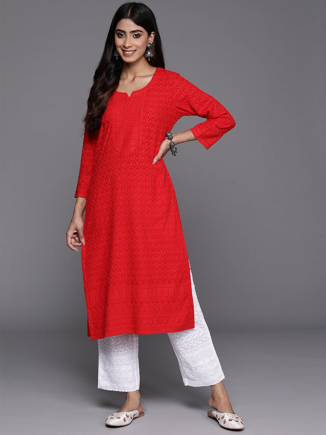 Red Embroidered Rayon Straight Kurta - Jashvi