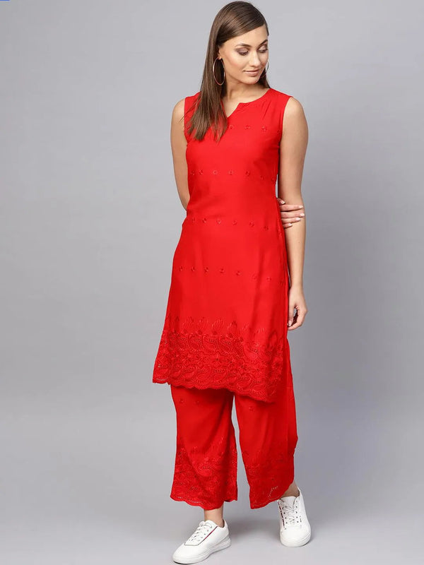 Red Embroidered Rayon Kurta Set - Jashvi