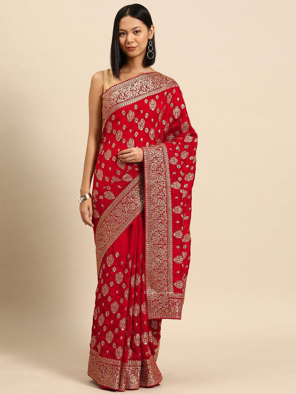 Red Embroidered Silk Blend Saree - Jashvi