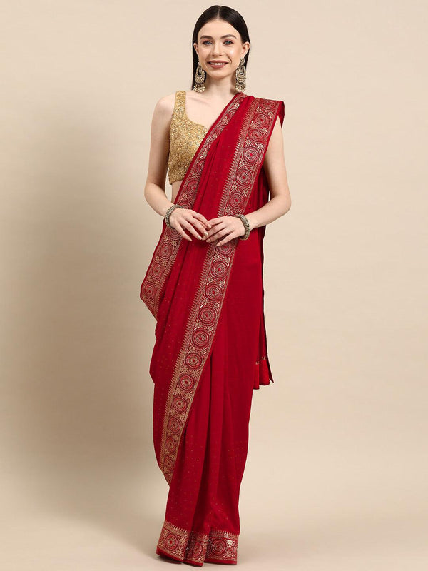 Red Embroidered Silk Blend Saree - Jashvi