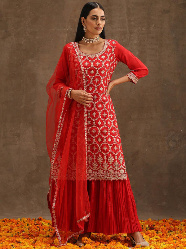 Red Embroidered Silk Blend Straight Suit Set With Sharara - Jashvi