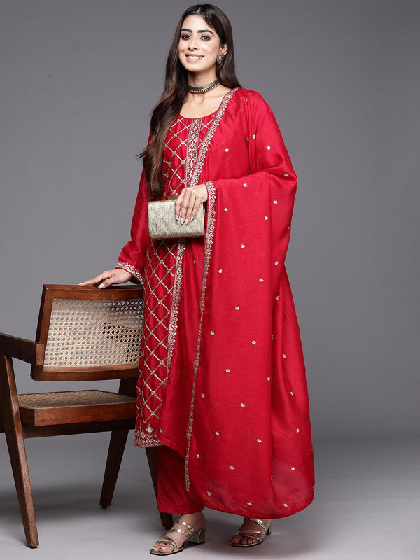 Red Embroidered Silk Blend Straight Kurta With Trousers & Dupatta - Jashvi