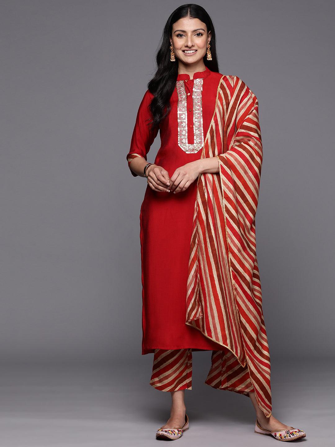 Red Embroidered Silk Blend Straight Suit Set With Trousers - Jashvi