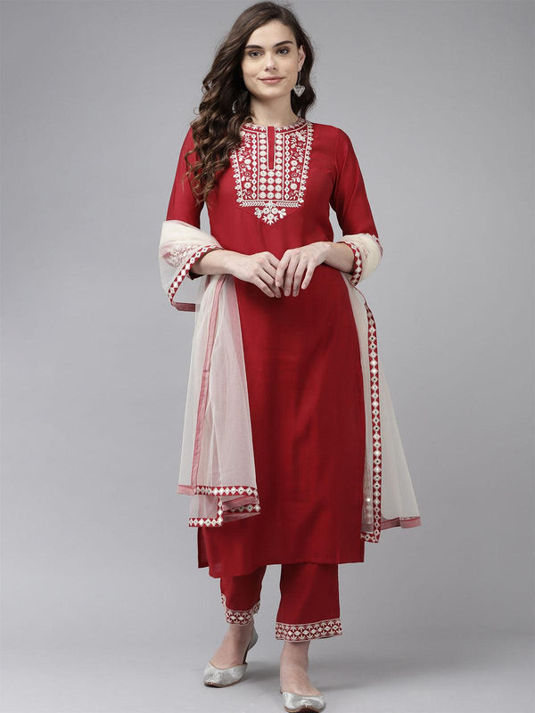 Women's Red Embroidered Straight Kurta Trouser With Dupatta Set - Odette