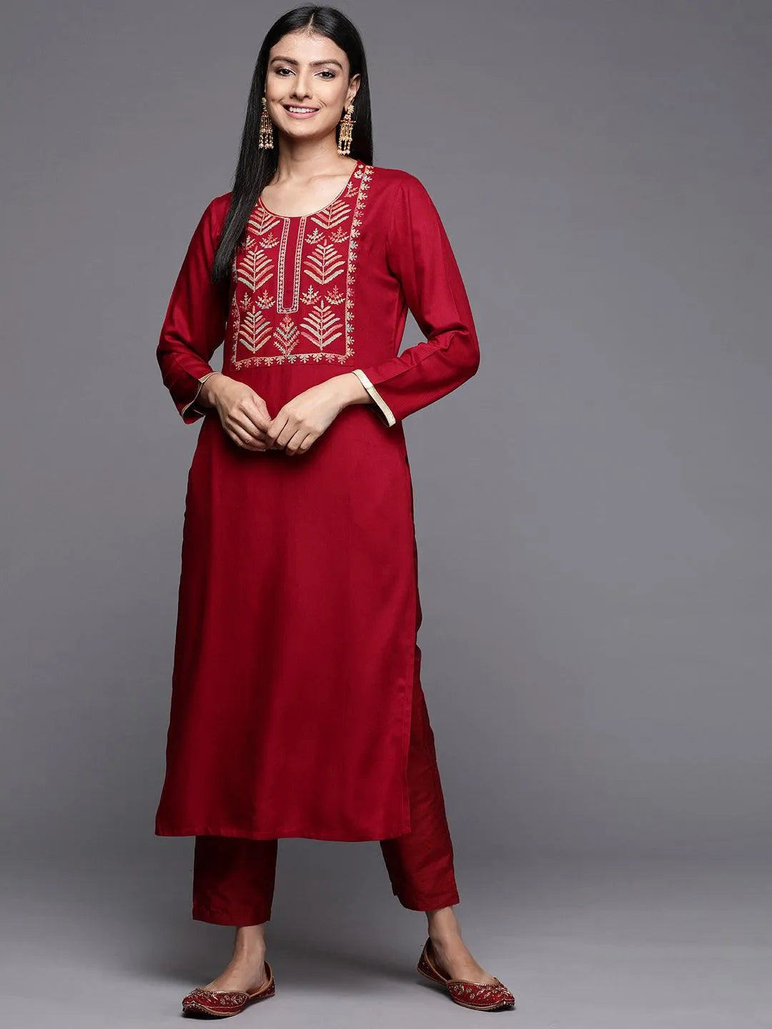 Red Embroidered Wool Pashmina Straight Kurta - Jashvi