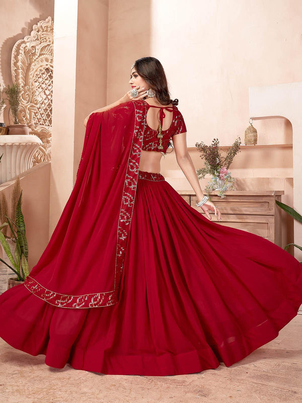 Women's Red Faux Georgette Lehenga Set - Odette