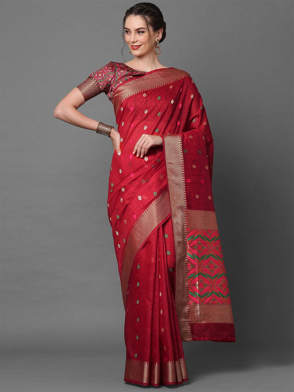 Women's Red Festive Cotton Blend Woven Design Saree With Unstitched Blouse - Odette