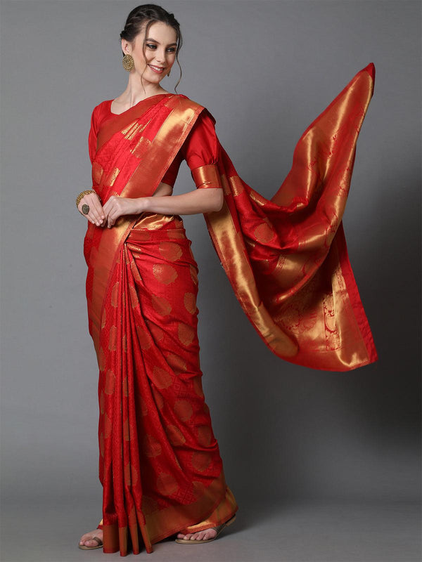 Women's Red Festive Kanjivaram Silk Woven Design Saree With Unstitched Blouse - Odette