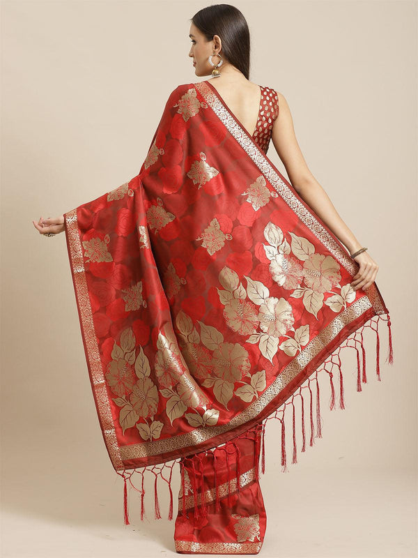 Women's Red Festive Pure Satin Woven Saree With Unstitched Blouse - Odette