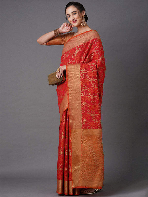 Women's Red Festive Silk Blend Paisly Saree With Unstitched Blouse - Odette