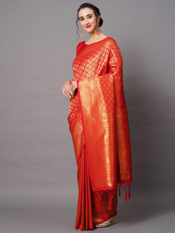 Women's Red Festive Silk Blend Woven Design Saree With Unstitched Blouse - Odette