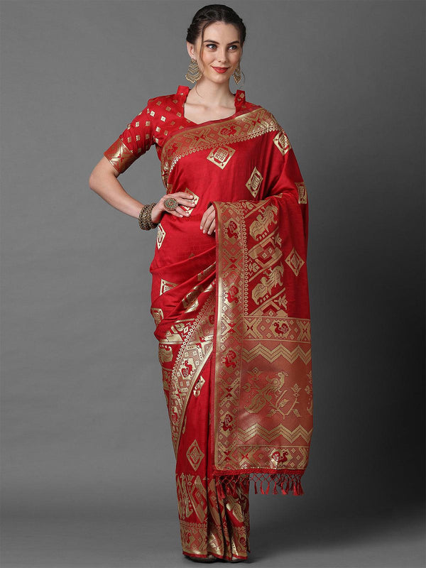 Women's Red Festive Silk Blend Woven Design Saree With Unstitched Blouse - Odette