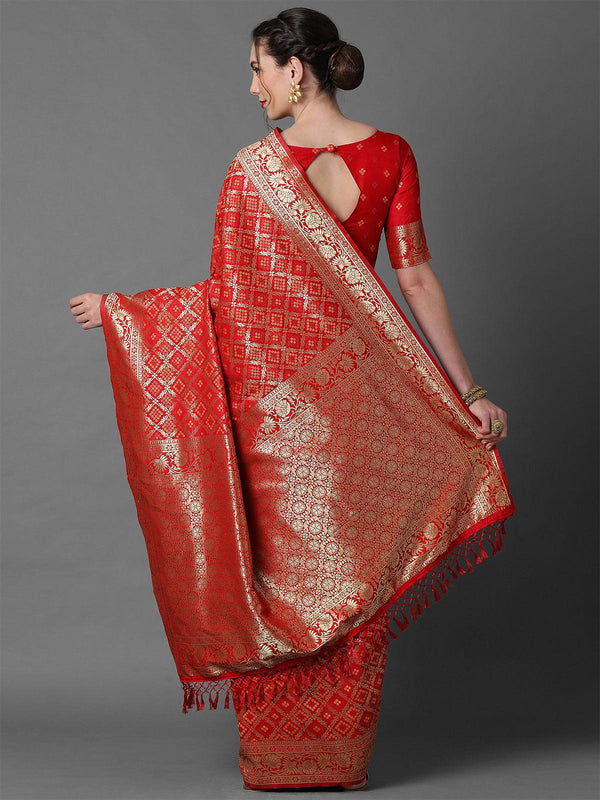 Women's Red Festive Silk Blend Woven Design Saree With Unstitched Blouse - Odette