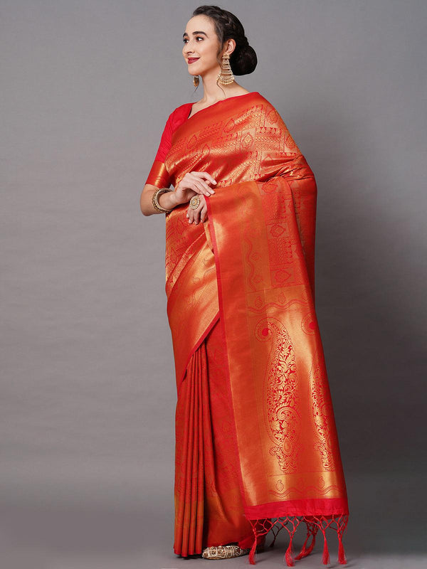 Women's Red Festive Silk Blend Woven Design Saree With Unstitched Blouse - Odette