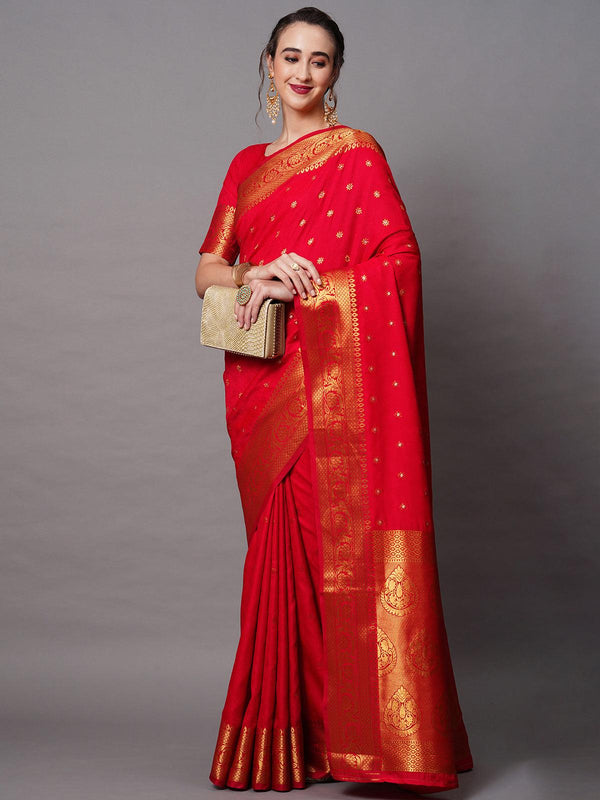 Women's Red Festive Silk Blend Woven Design Saree With Unstitched Blouse - Odette