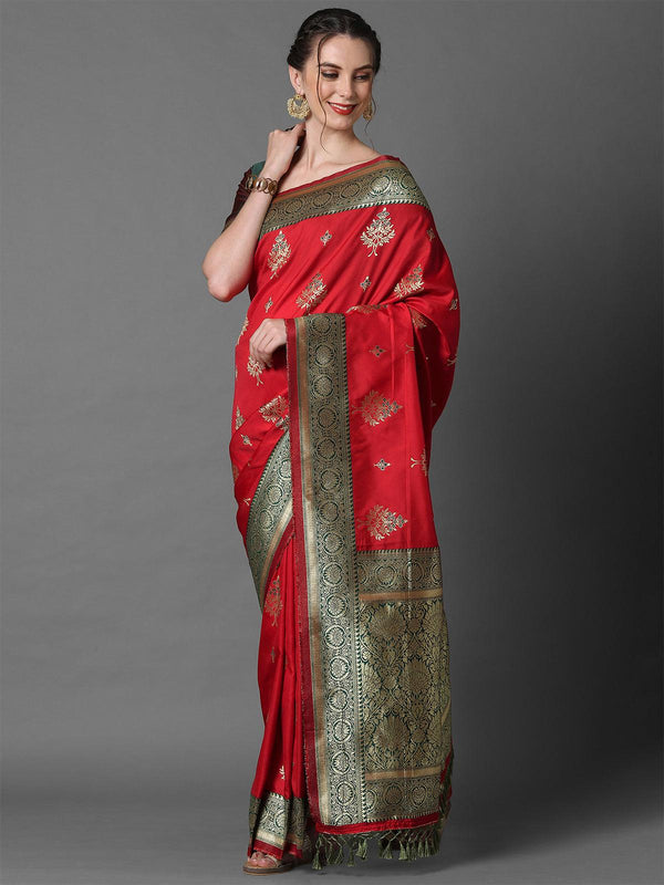 Women's Red Festive Silk Blend Woven Design Saree With Unstitched Blouse - Odette