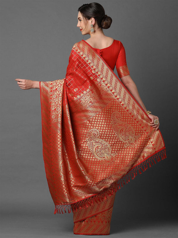 Women's Red Festive Silk Blend Woven Design Saree With Unstitched Blouse - Odette