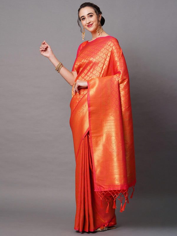 Women's Red Festive Silk Blend Woven Design Saree With Unstitched Blouse - Odette