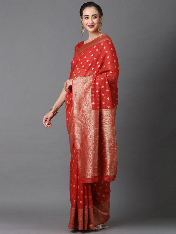 Women's Red Festive Silk Blend Woven Design Saree With Unstitched Blouse - Odette