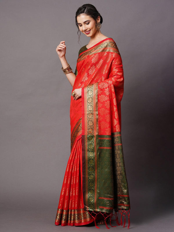 Women's Red Festive Silk Blend Woven Design Saree With Unstitched Blouse - Odette